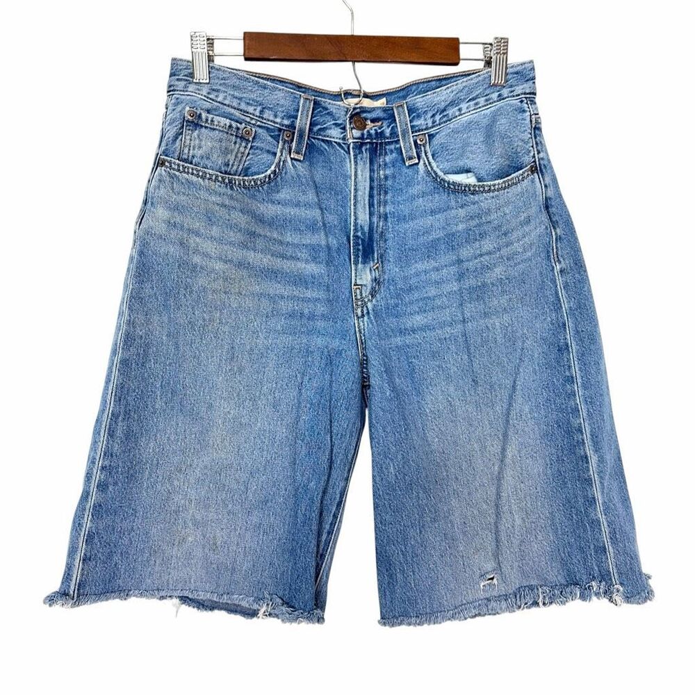 Levi's XL Flood Jean Shorts Womens 28 Blue Denim Bermuda Frayed Hem High-Rise